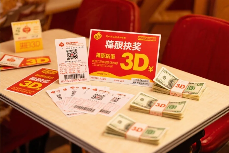 一张桌上摆放着中奖的福彩3D彩票与现金奖金,突出中奖的喜悦氛围